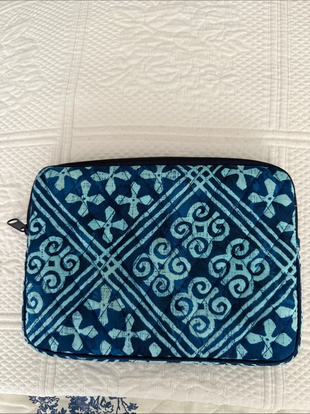Vera Bradley Blue Quilted Tablet Sleeve with Geometric Floral Pattern